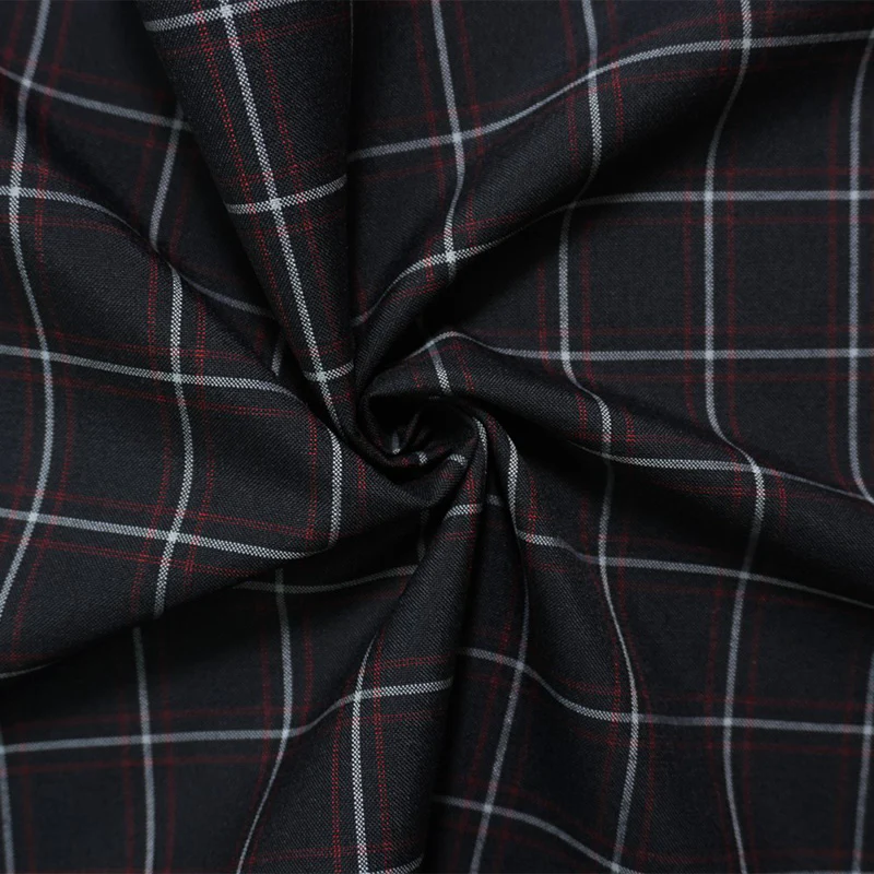 Black-Red-White Poly Wool Plaid Woven Suiting Fabric