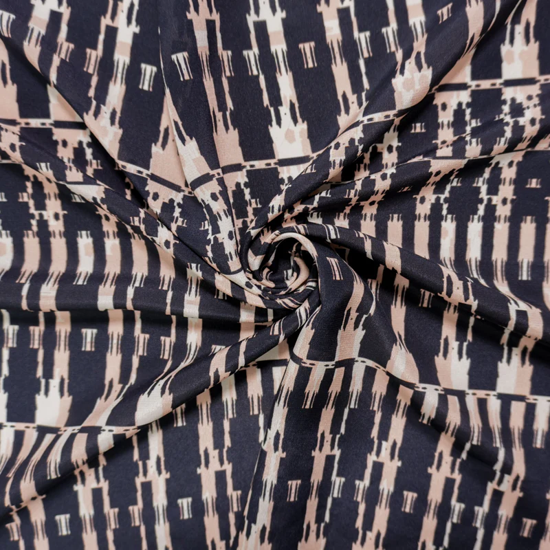 Black Silk Abstract Printed Crepe De Chine Woven Fabric