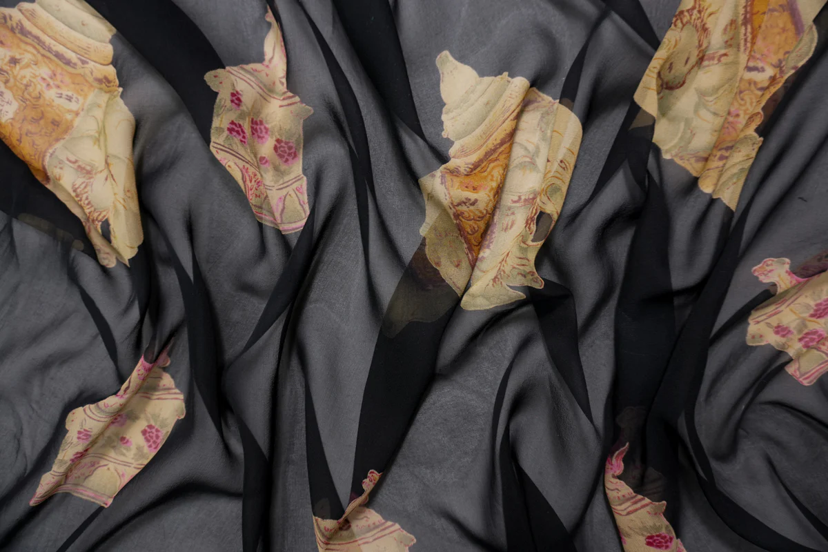 Black Silk Elephant Printed Chiffon Woven Fabric - Image 3