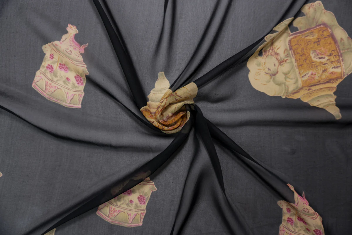 Black Silk Elephant Printed Chiffon Woven Fabric - Image 4