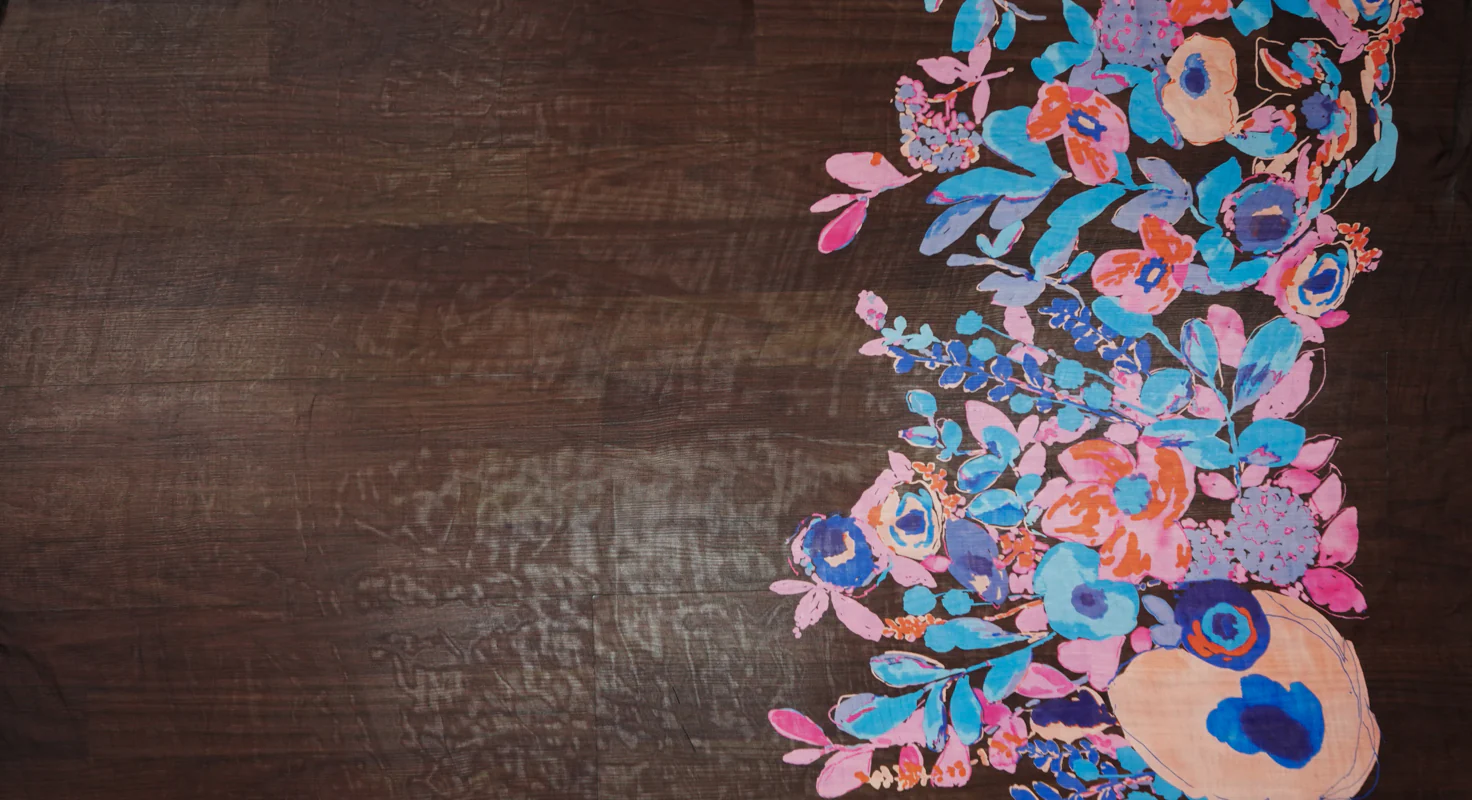 Black Silk Floral Border Printed Chiffon Woven Fabric - Image 2