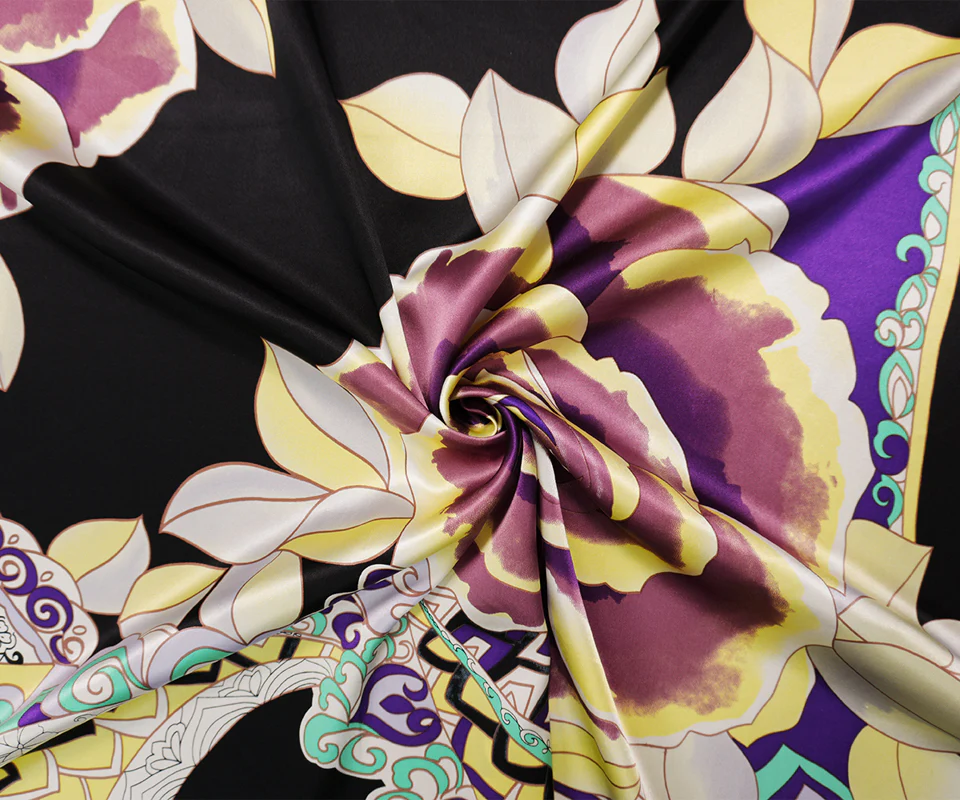 Black Silk Floral Printed Satin Woven Fabric - Image 5