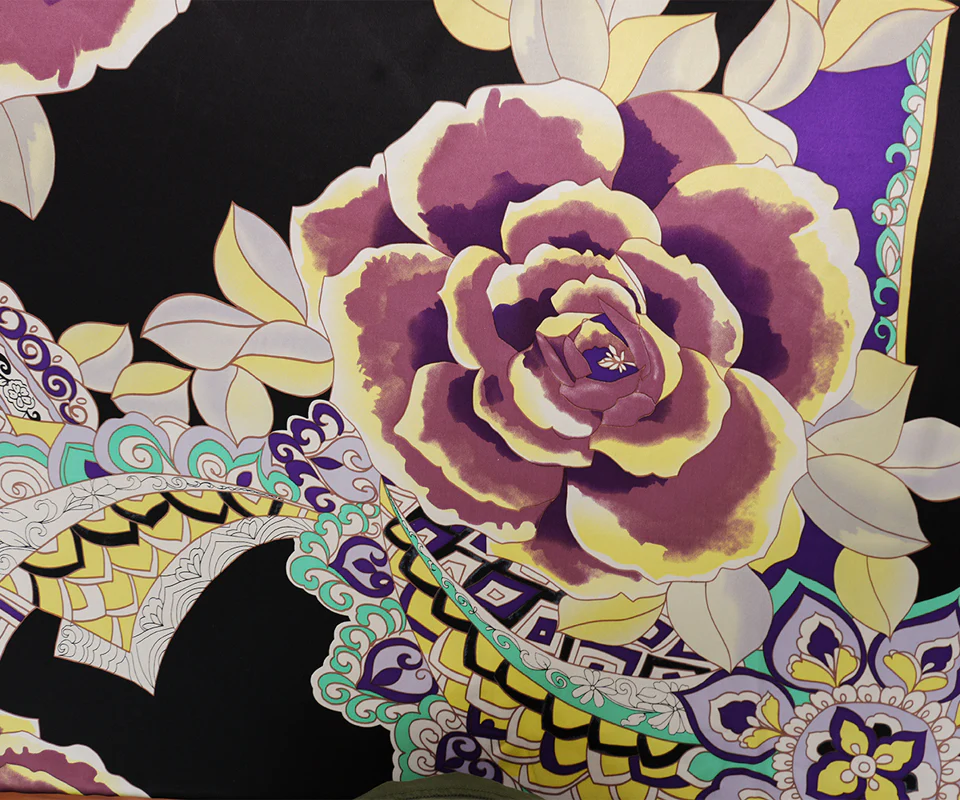 Black Silk Floral Printed Satin Woven Fabric - Image 6