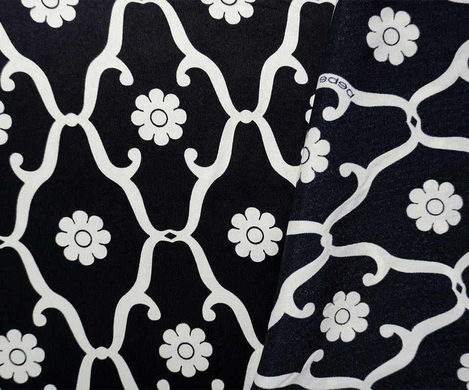 Black Silk Floral Trellis Printed Stretch Satin Woven Fabric - Image 2