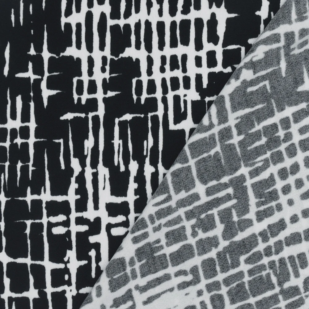 Black-White Famous Designer Abstract Cross Hatch Printed ITY Knit Fabric - Image 4