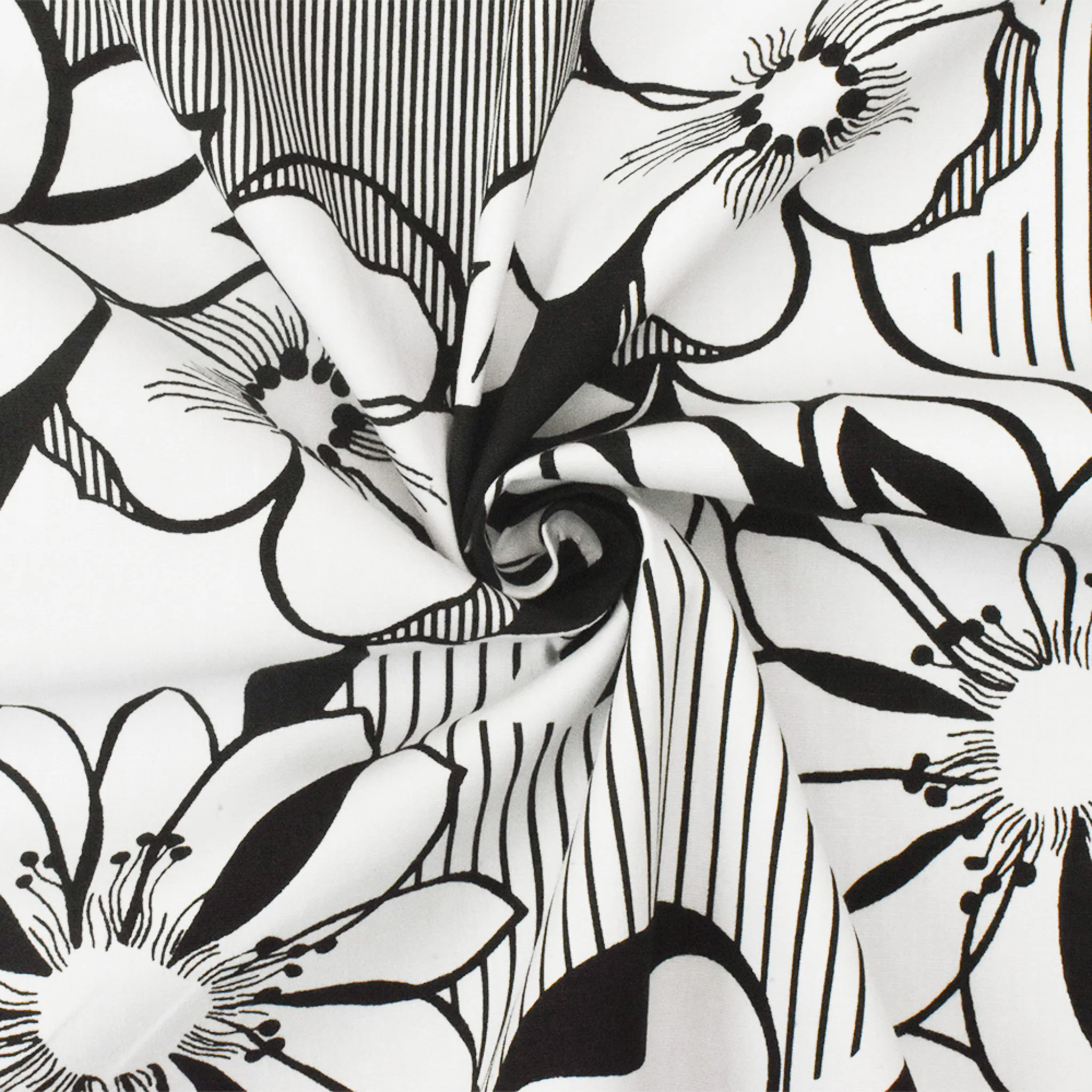 Black-White Floral Printed Stretch Cotton Spandex Poplin Woven Fabric - Image 3