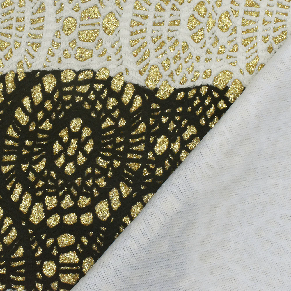 Black-White-Gold Lace-Like Bonded Interlock Knit Fabric - Image 3