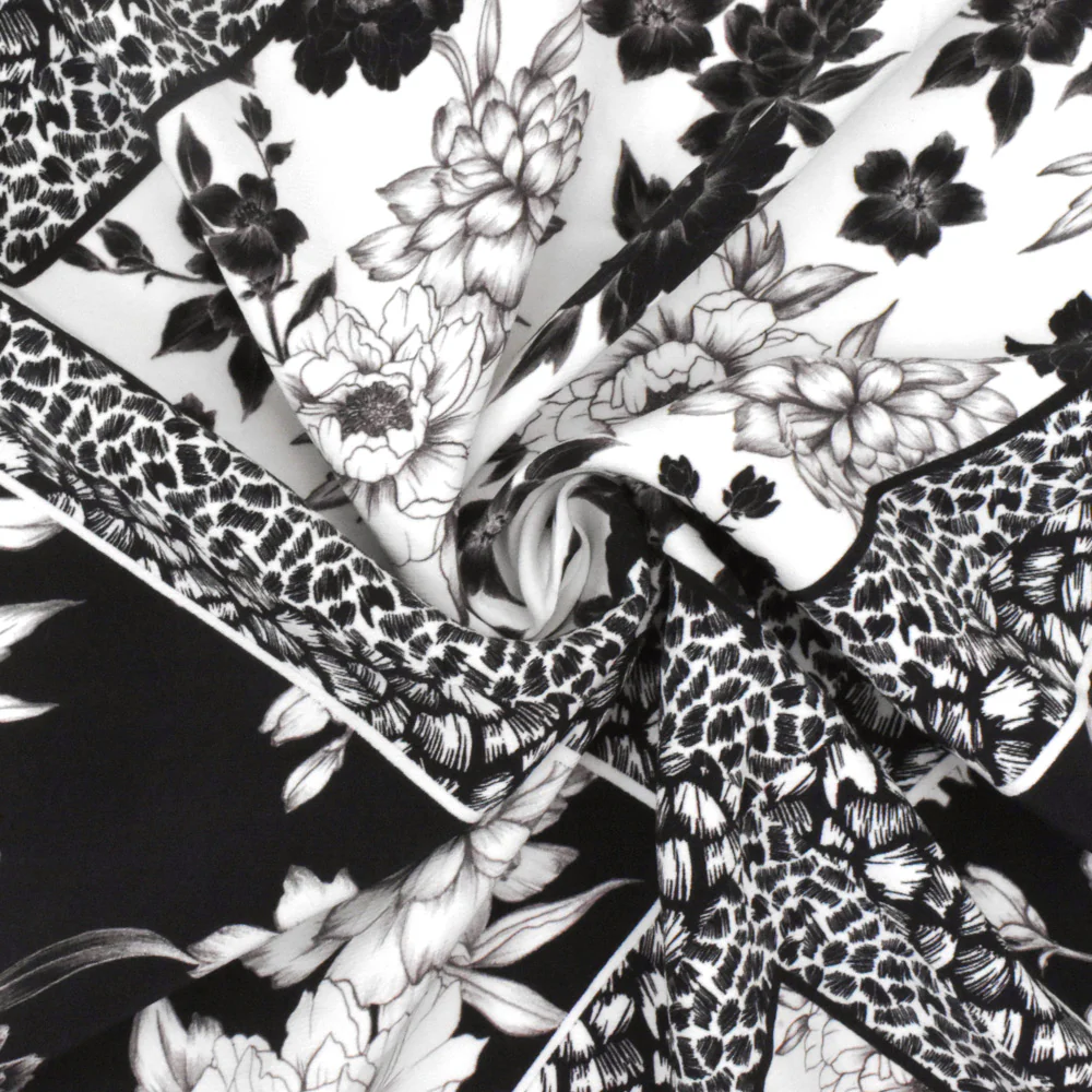 Black-White-Gray Famous Designer Floral Tile Printed Faille Woven Fabric - Image 2