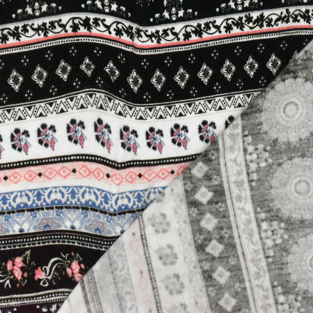 Black-White-Multi Moroccan Stripe Printed Stretch Rayon Jersey Knit Fabric - Image 4