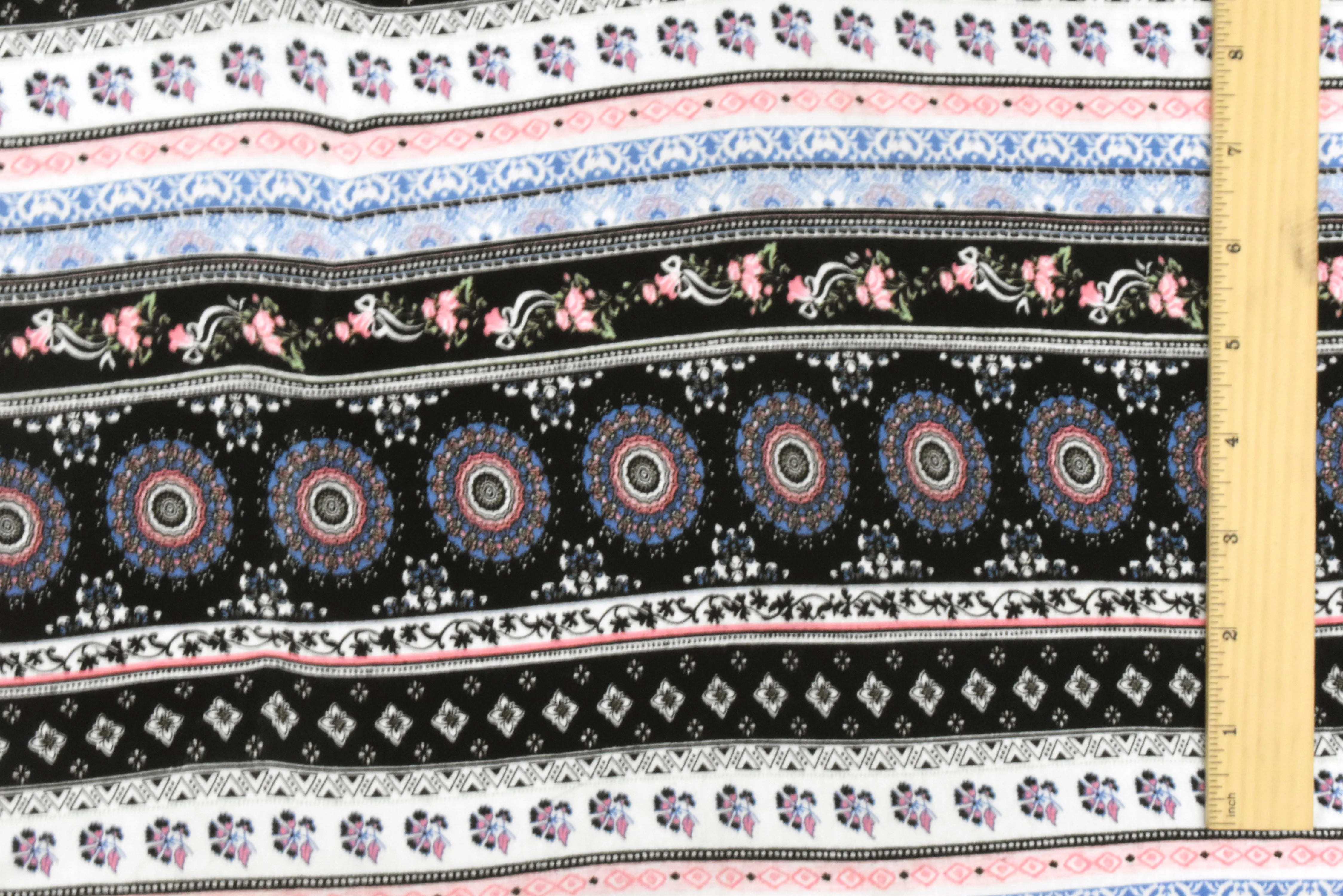 Black-White-Multi Moroccan Stripe Printed Stretch Rayon Jersey Knit Fabric - Image 5
