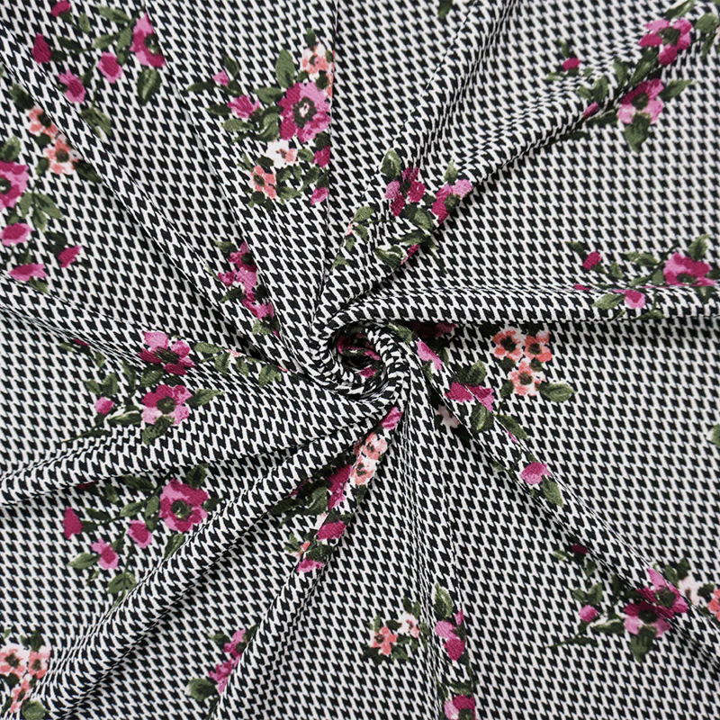 Black-White-Multi Poly Floral Print Liverpool Double Knit Fabric