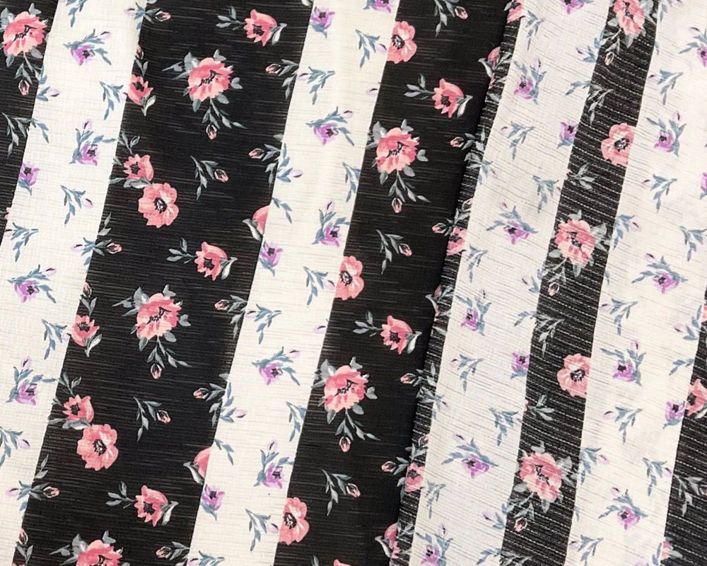 Black-White-Multi Poly Floral Print Slub Knit Fabric - Image 2
