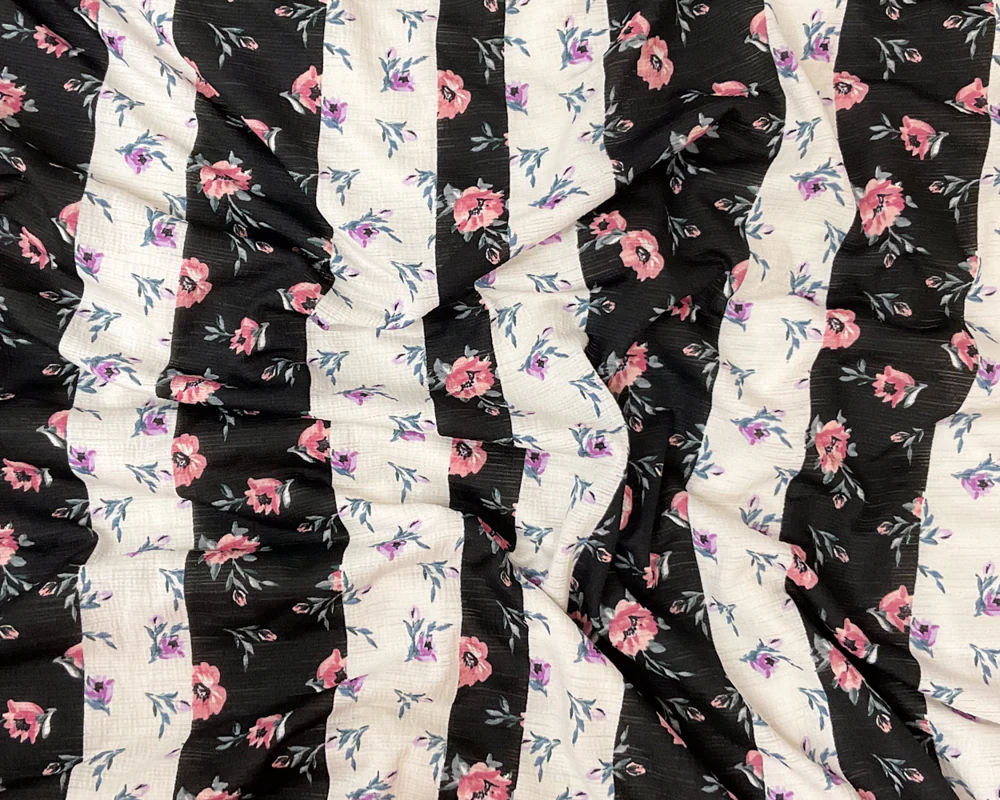 Black-White-Multi Poly Floral Print Slub Knit Fabric - Image 3