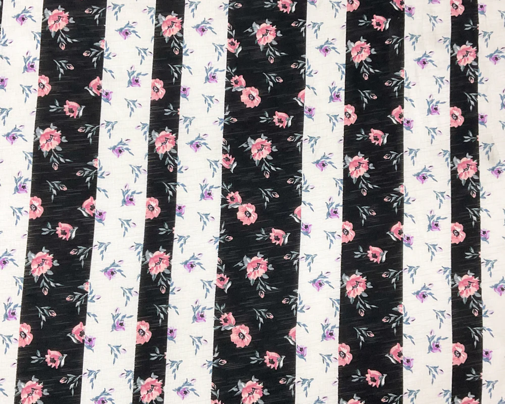 Black-White-Multi Poly Floral Print Slub Knit Fabric - Image 4