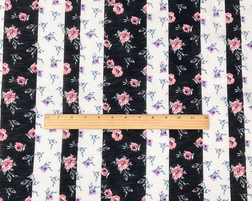 Black-White-Multi Poly Floral Print Slub Knit Fabric - Image 5