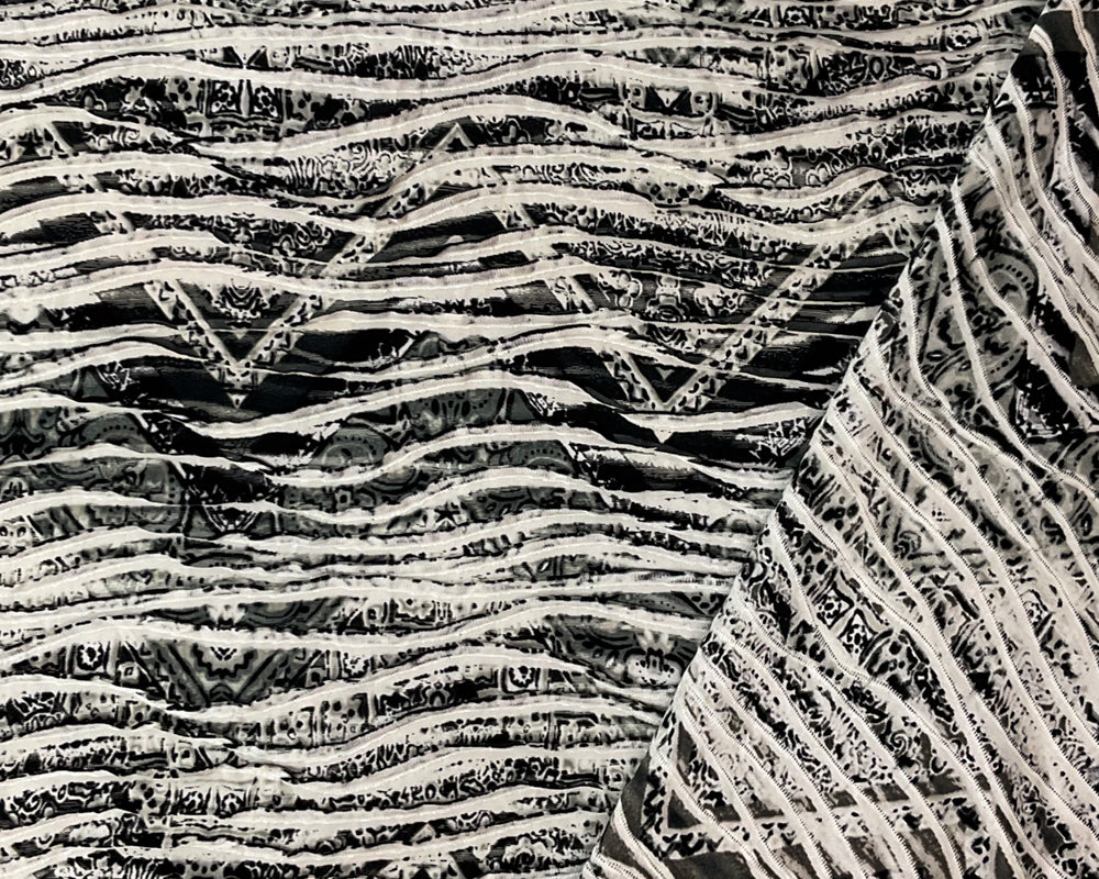 Black-White-Multi Poly TieDye Chevron Print Knife Pleat Knit Fabric - Image 2
