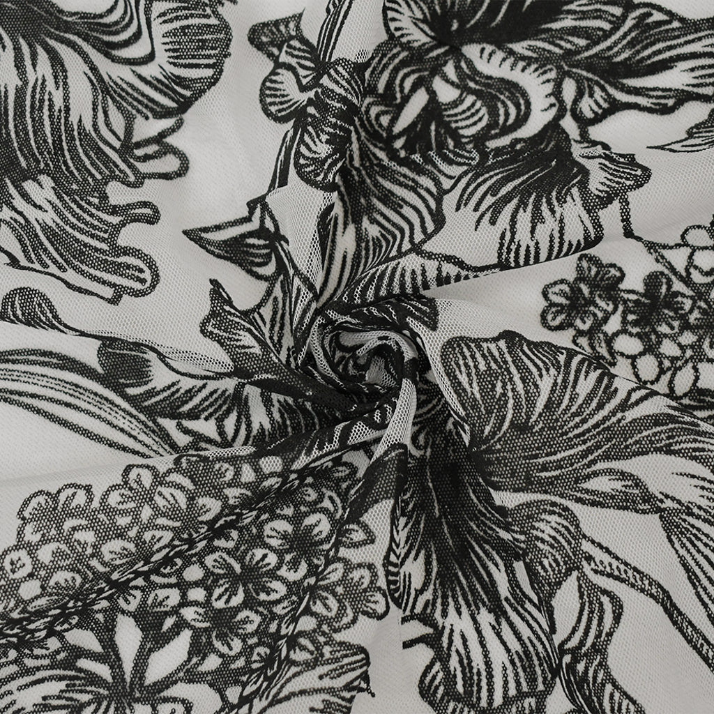 Black-White Nylon Floral Printed Mesh Tulle Knit Fabric