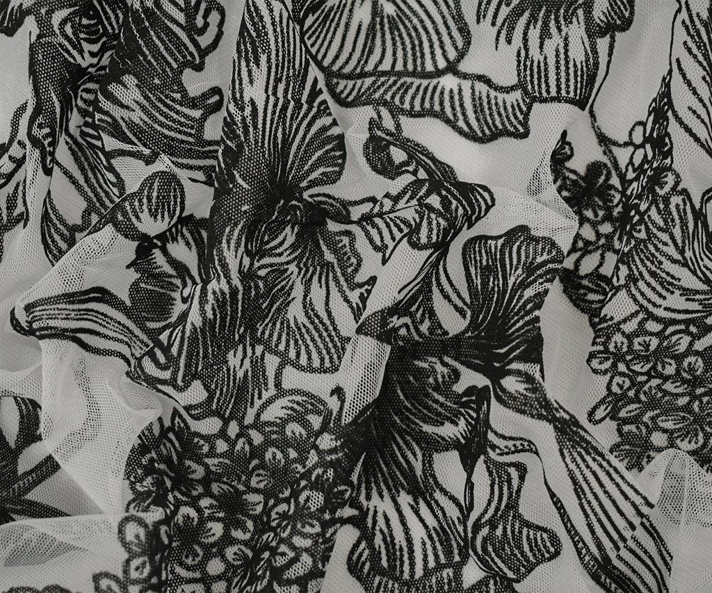 Black-White Nylon Floral Printed Mesh Tulle Knit Fabric - Image 3