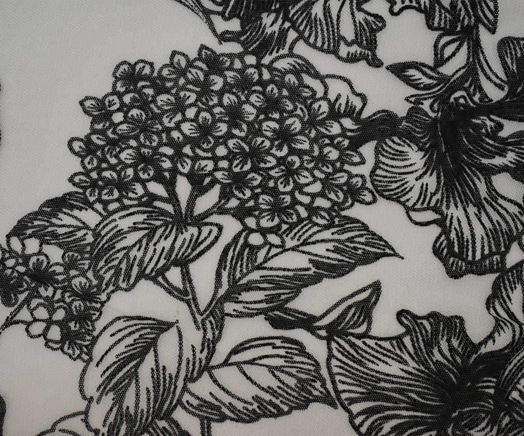 Black-White Nylon Floral Printed Mesh Tulle Knit Fabric - Image 4
