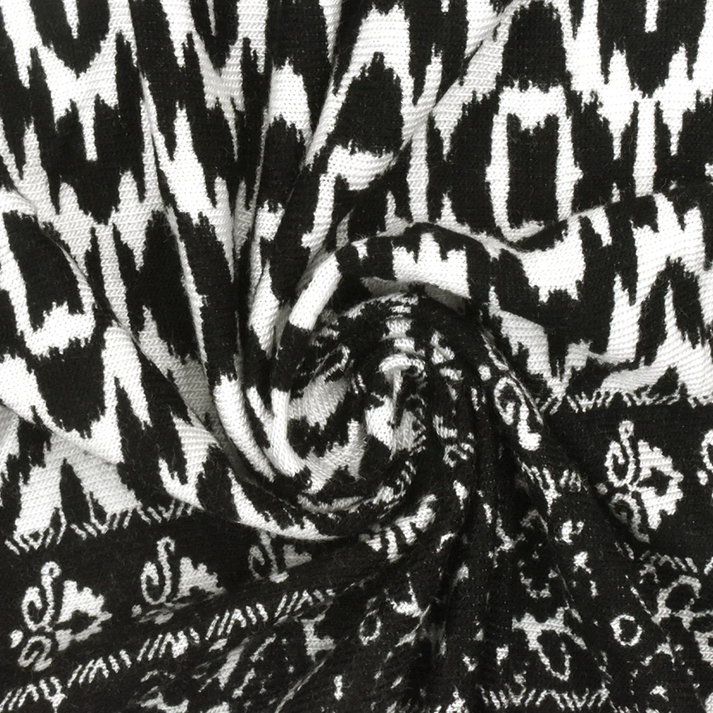 Black-White Pillar And Aztec Printed Rayon Stretch Jersey Knit Fabric - Image 2