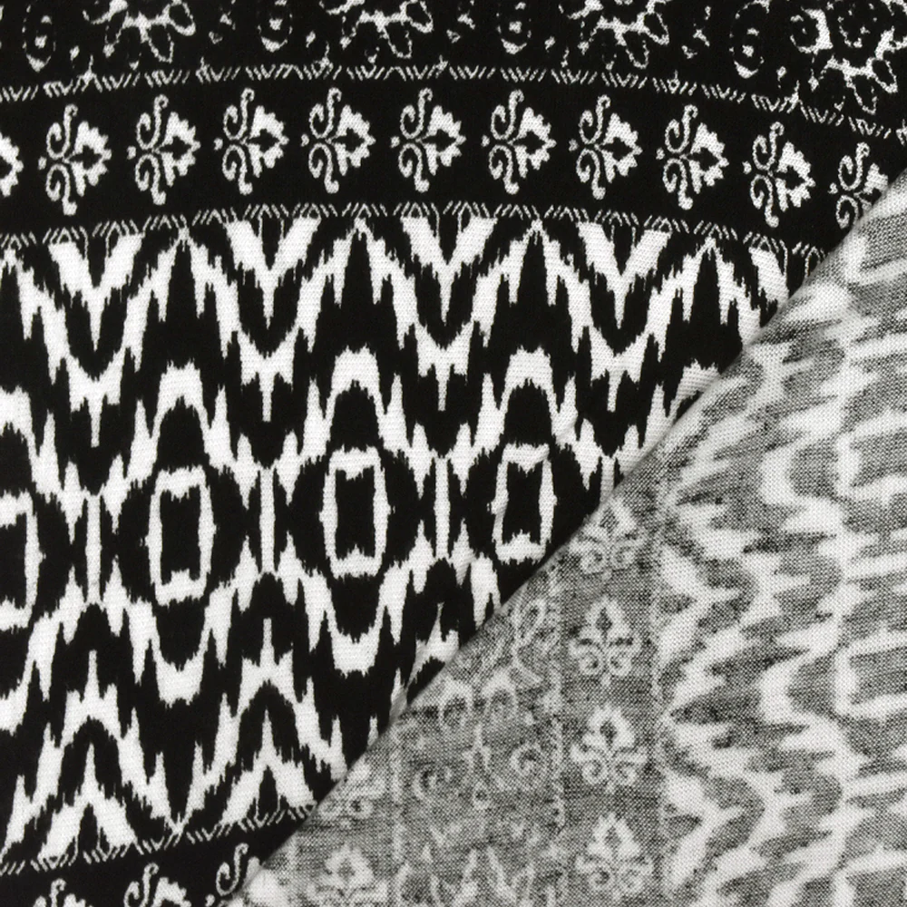 Black-White Pillar And Aztec Printed Rayon Stretch Jersey Knit Fabric - Image 4