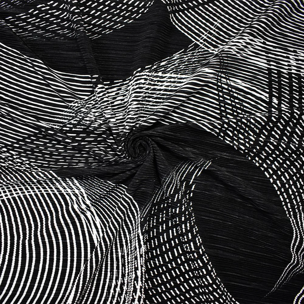 Black-White Poly Stretch Spandex Abstract Print Pleat Interlock Knit Fabric