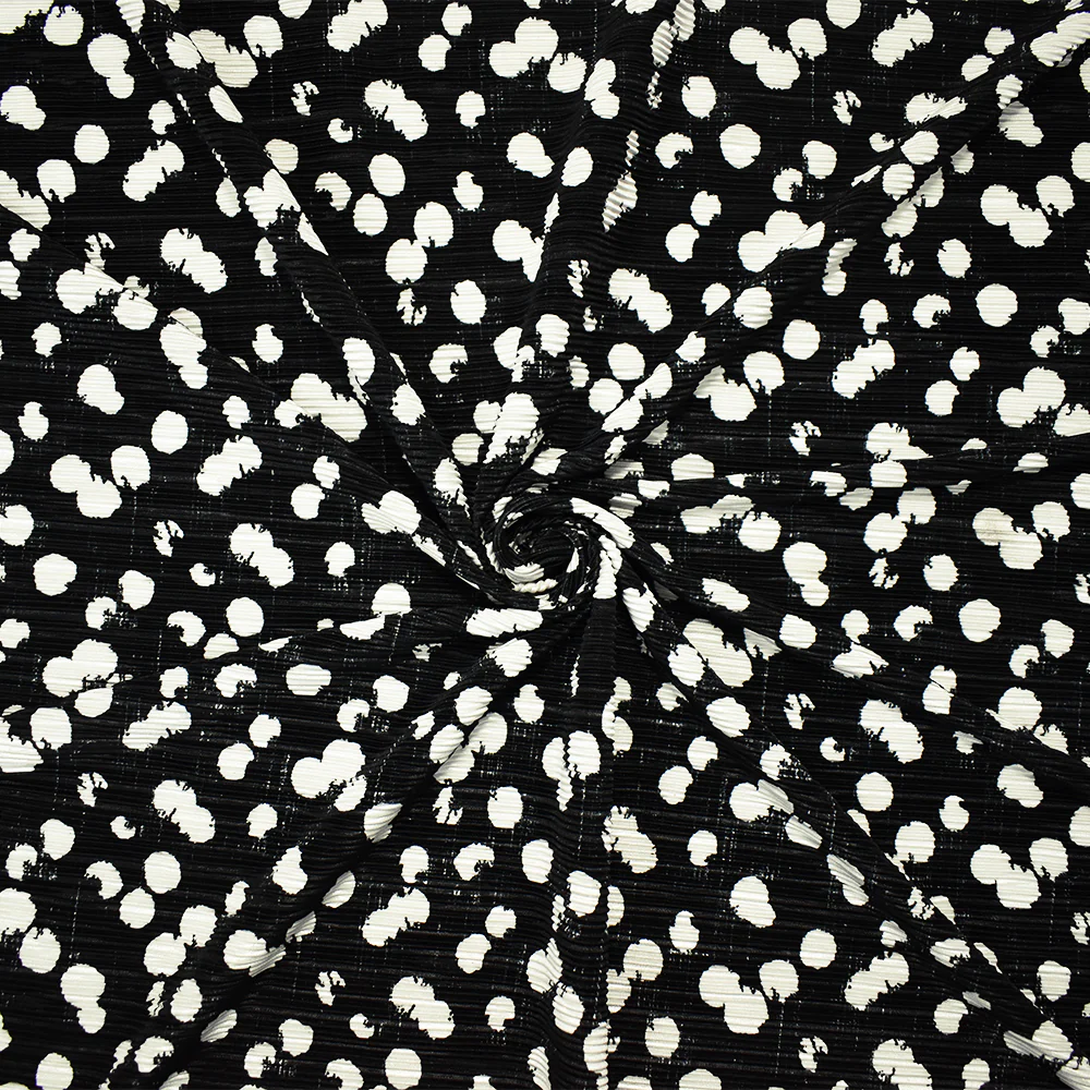 Black-White Poly Stretch Spandex Dot Print Pleated Interlock Knit Fabric