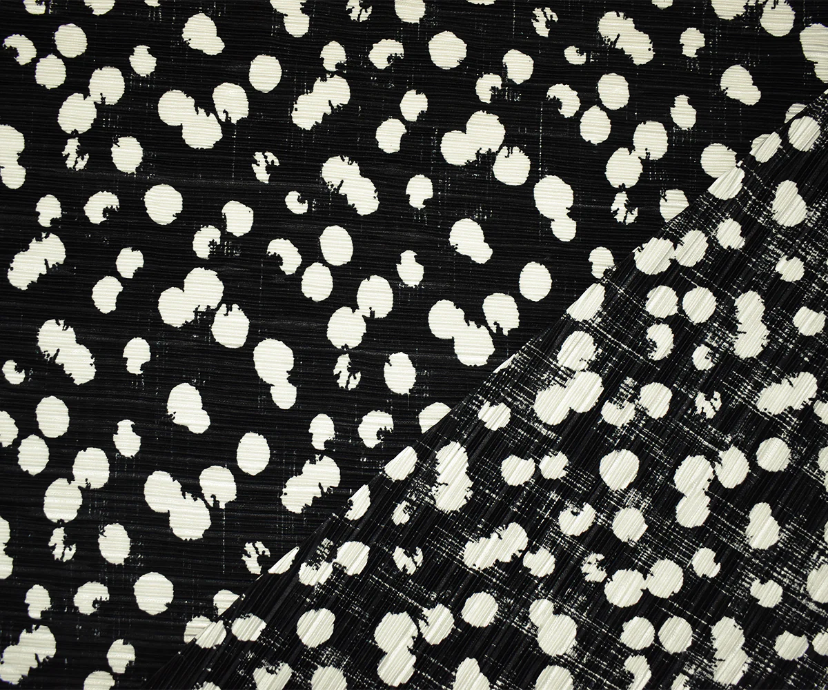 Black-White Poly Stretch Spandex Dot Print Pleated Interlock Knit Fabric - Image 2