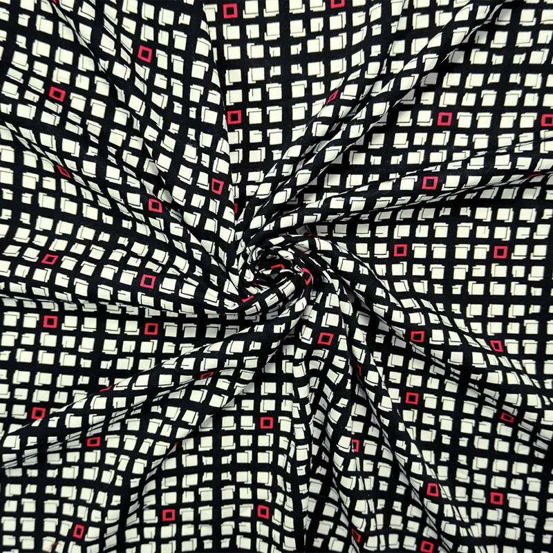 Black-White-Red Rayon Geometry Printed Twill Woven Fabric