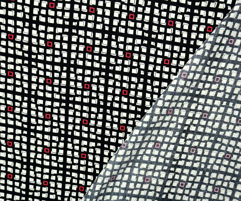 Black-White-Red Rayon Geometry Printed Twill Woven Fabric - Image 2