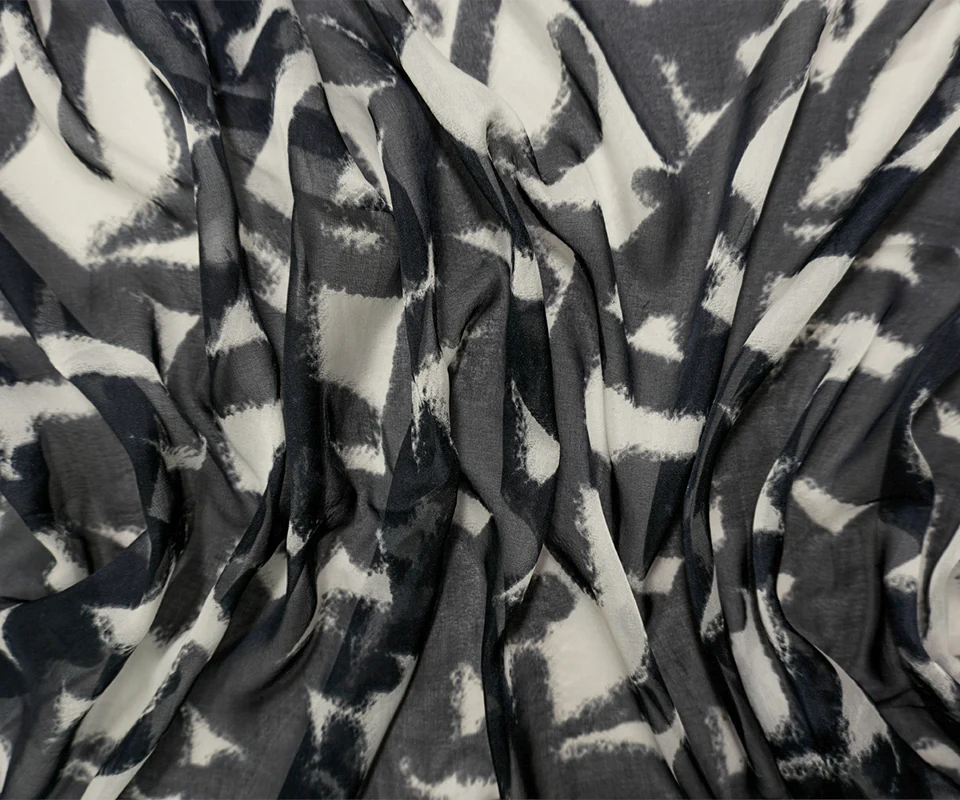 Black-White Silk Ink Abstract Printed Chiffon Woven Fabric - Image 3