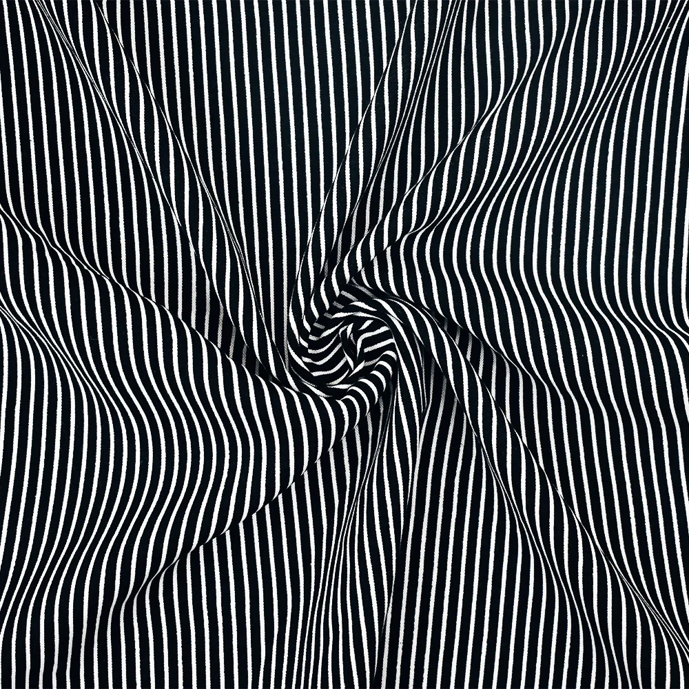 Black-White Stripe Printed Stretch Rayon Spandex Shirting Woven Fabric