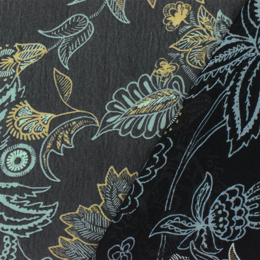 Black-Yellow-Blue Floral Printed Poly Chiffon Woven Fabric - Image 2