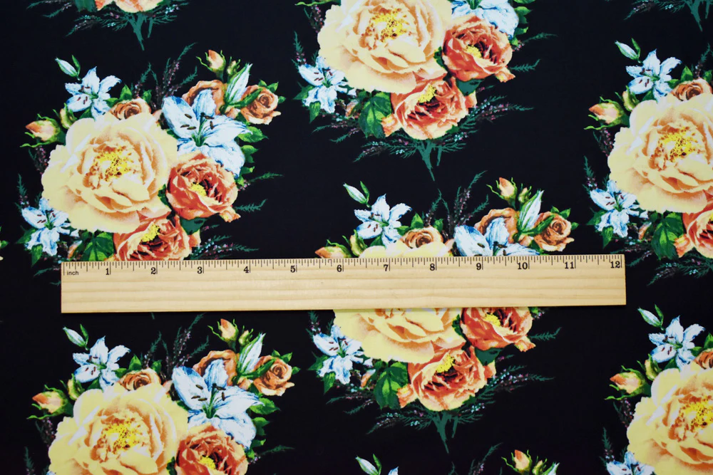 Black-Yellow-Multi Cotton Floral Printed Stretch Spandex Woven Fabric - Image 2