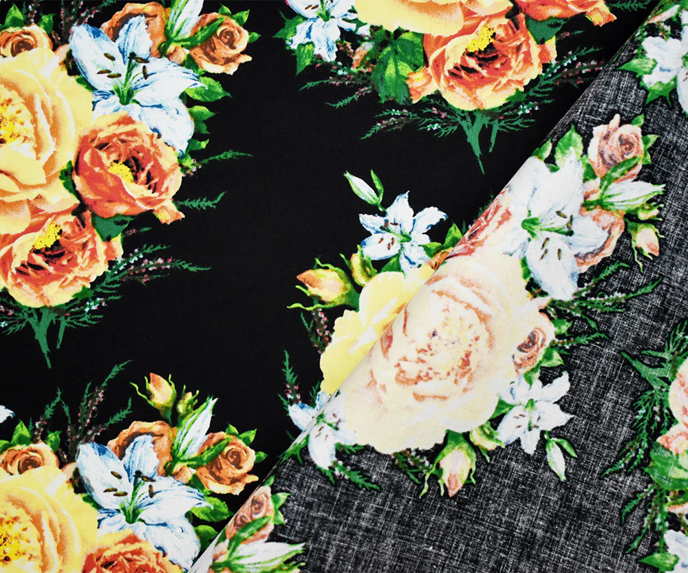Black-Yellow-Multi Cotton Floral Printed Stretch Spandex Woven Fabric - Image 3