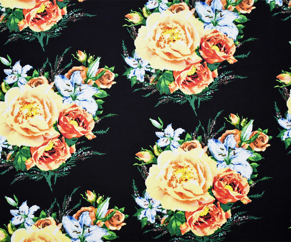 Black-Yellow-Multi Cotton Floral Printed Stretch Spandex Woven Fabric - Image 4