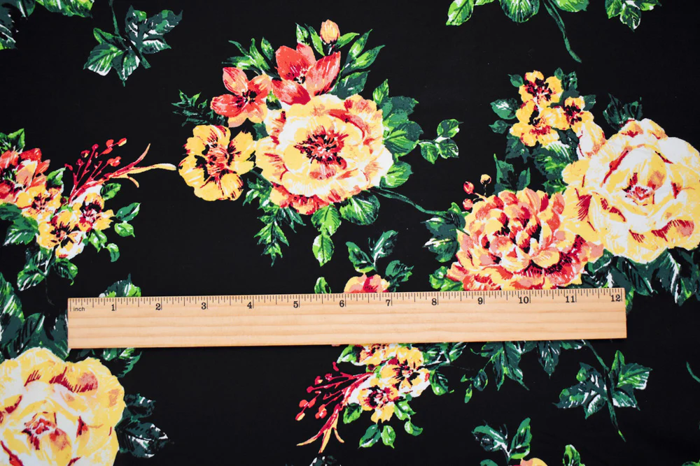 Black-Yellow-Multi Cotton Stretch Spandex Floral Printed Poplin Woven Fabric - Image 2