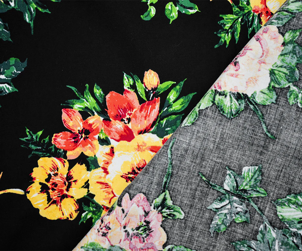 Black-Yellow-Multi Cotton Stretch Spandex Floral Printed Poplin Woven Fabric - Image 3