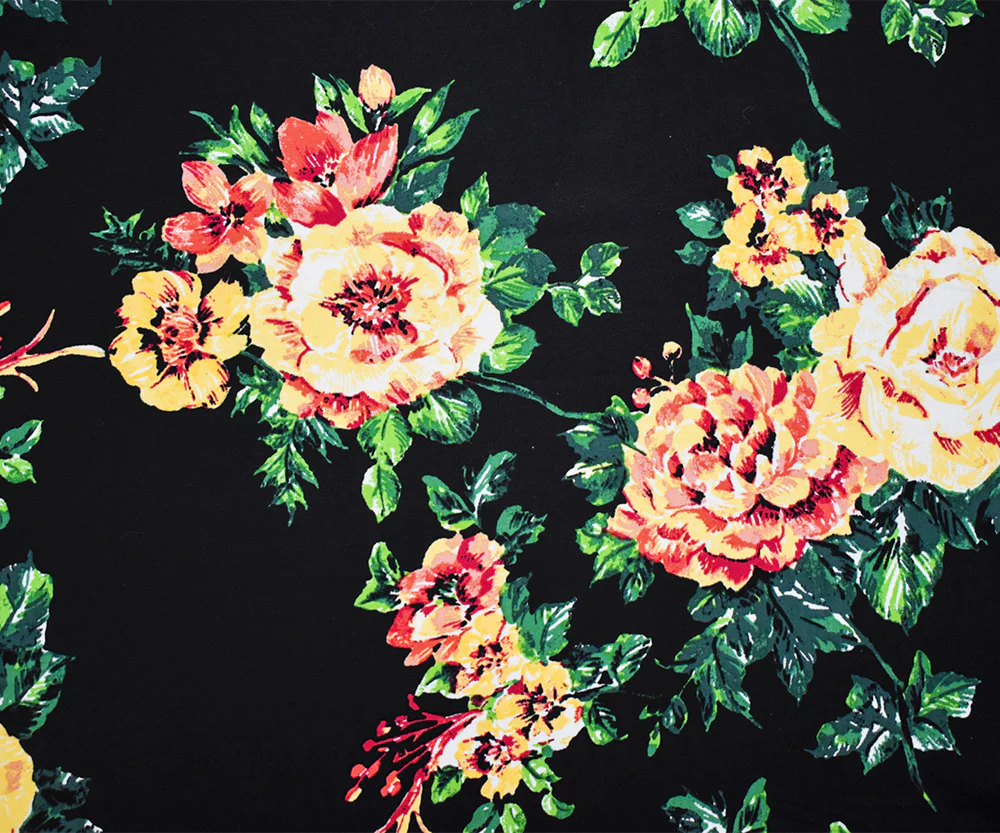 Black-Yellow-Multi Cotton Stretch Spandex Floral Printed Poplin Woven Fabric - Image 4