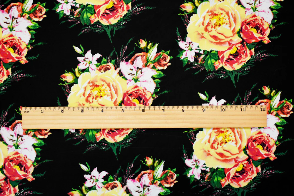 Black-Yellow-Multi Floral Printed Stretch Spandex Poplin Woven Fabric - Image 2