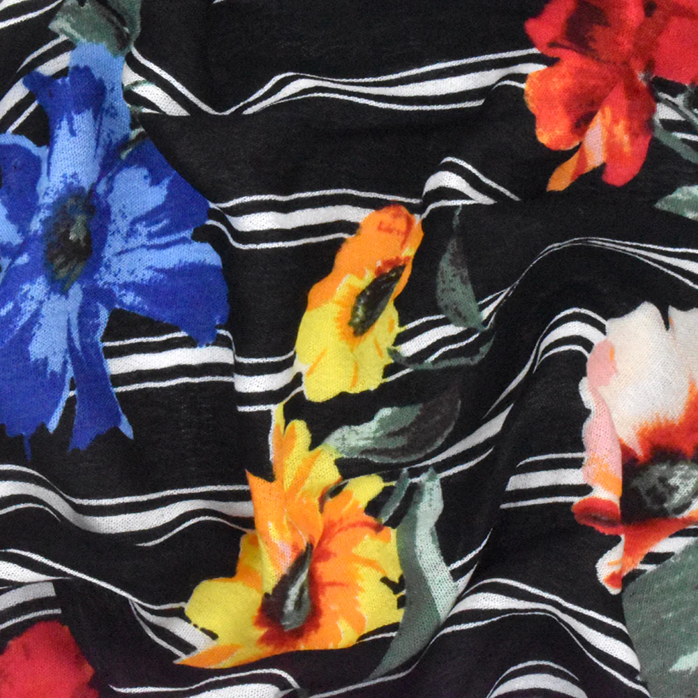 Black-Yellow-Multi Floral Stripe Printed Rayon Gauze Woven Fabric - Image 3