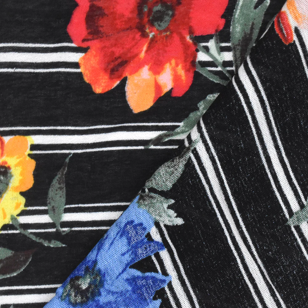 Black-Yellow-Multi Floral Stripe Printed Rayon Gauze Woven Fabric - Image 4