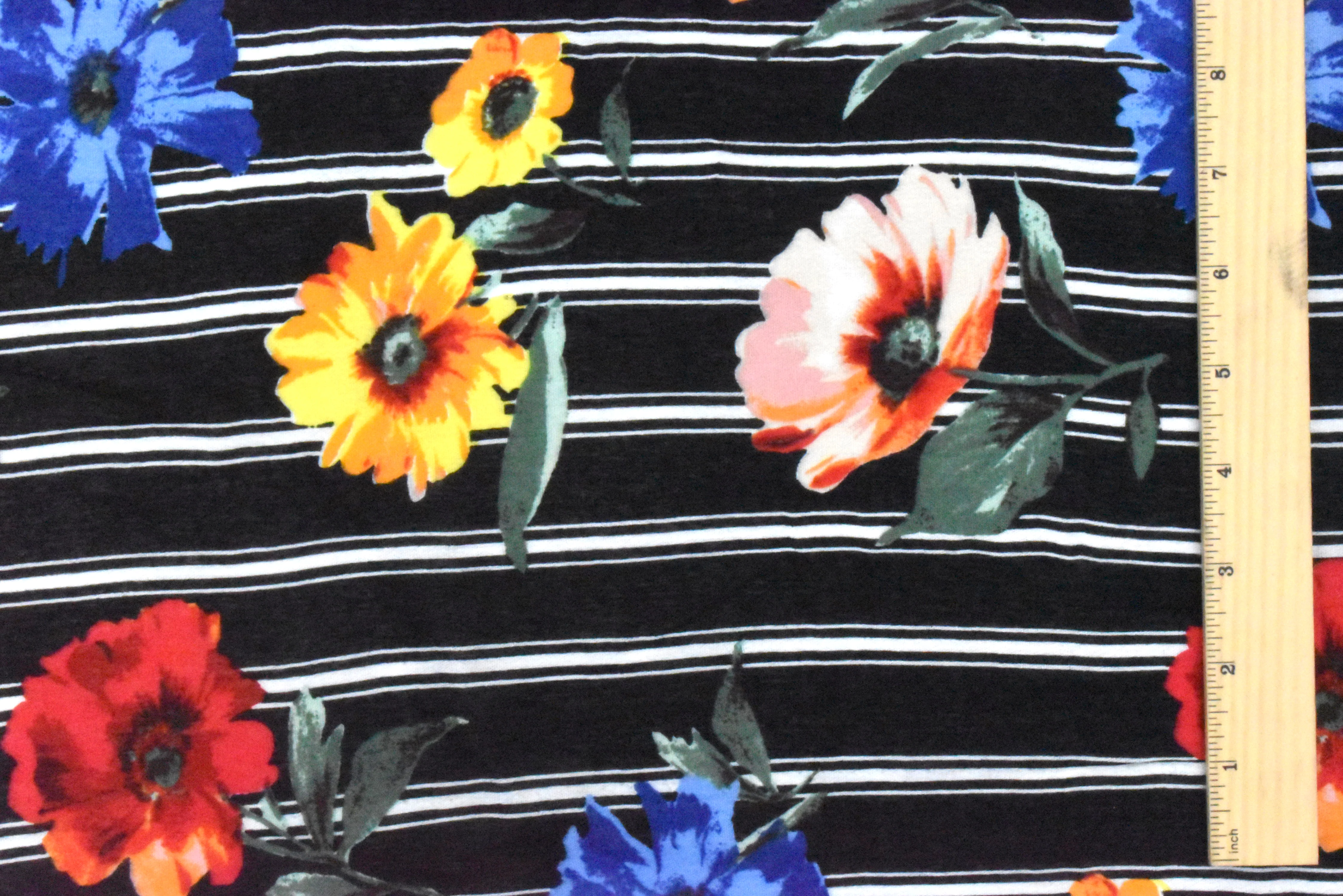 Black-Yellow-Multi Floral Stripe Printed Rayon Gauze Woven Fabric - Image 5