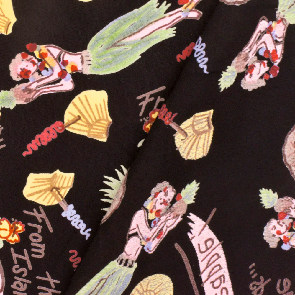 Black-Yellow-Multi Hawaii Vibes Printed Rayon Crepe Faille Woven Fabric - Image 4