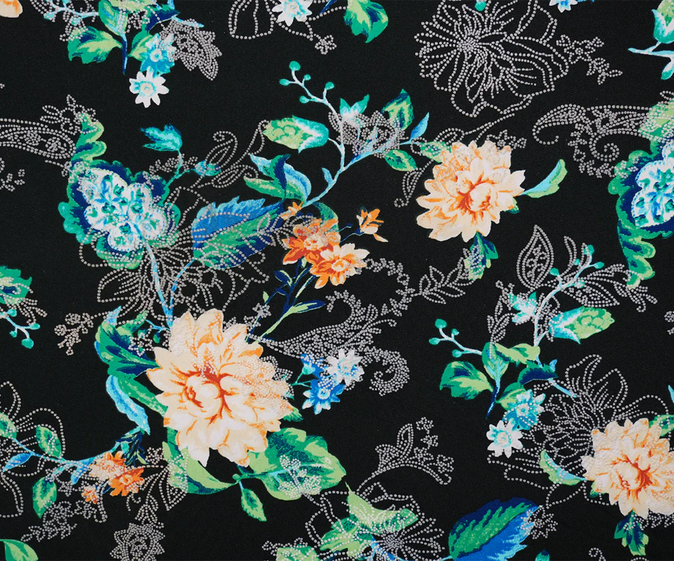 Black-Yellow-Multi Poly Floral Printed Jersey Knit Fabric - Image 3