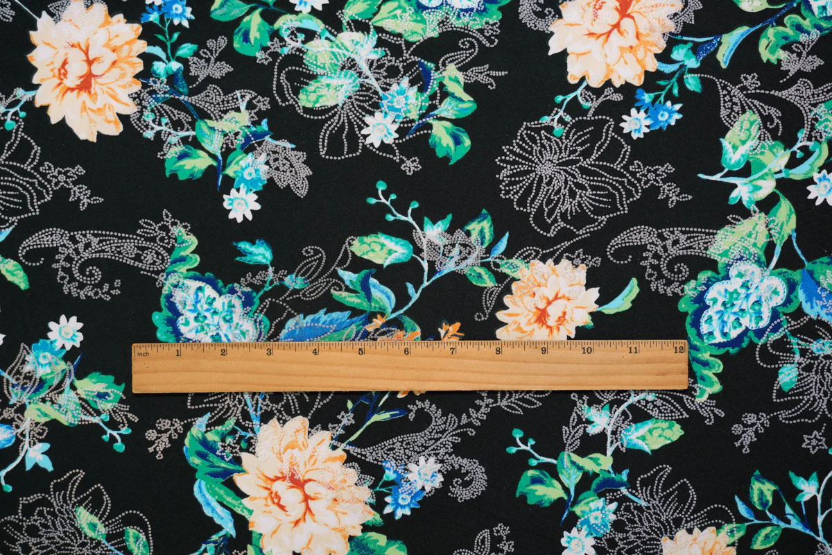 Black-Yellow-Multi Poly Floral Printed Jersey Knit Fabric - Image 4