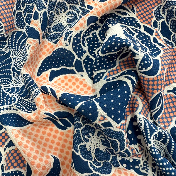 Blue and Coral Floral Georgette Fabric