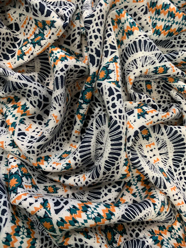Blue and Gold Lace Look Print Rayon Challis Fabric - Image 2