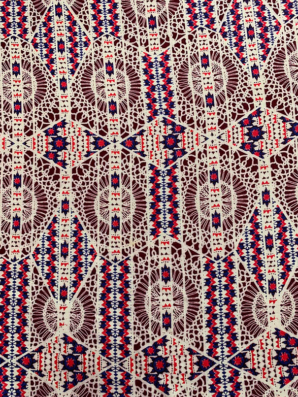 Blue and Red Lace Look Print Rayon Challis Fabric - Image 2