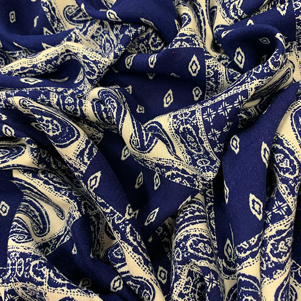 Blue and White Bandana Print Rayon Challis Fabric